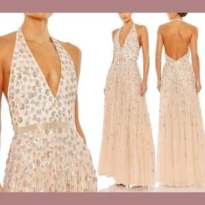 NWT Mac Duggal FLORAL SEQUIN PLUNGE NECK A-LINE GOWN IN BLUSH